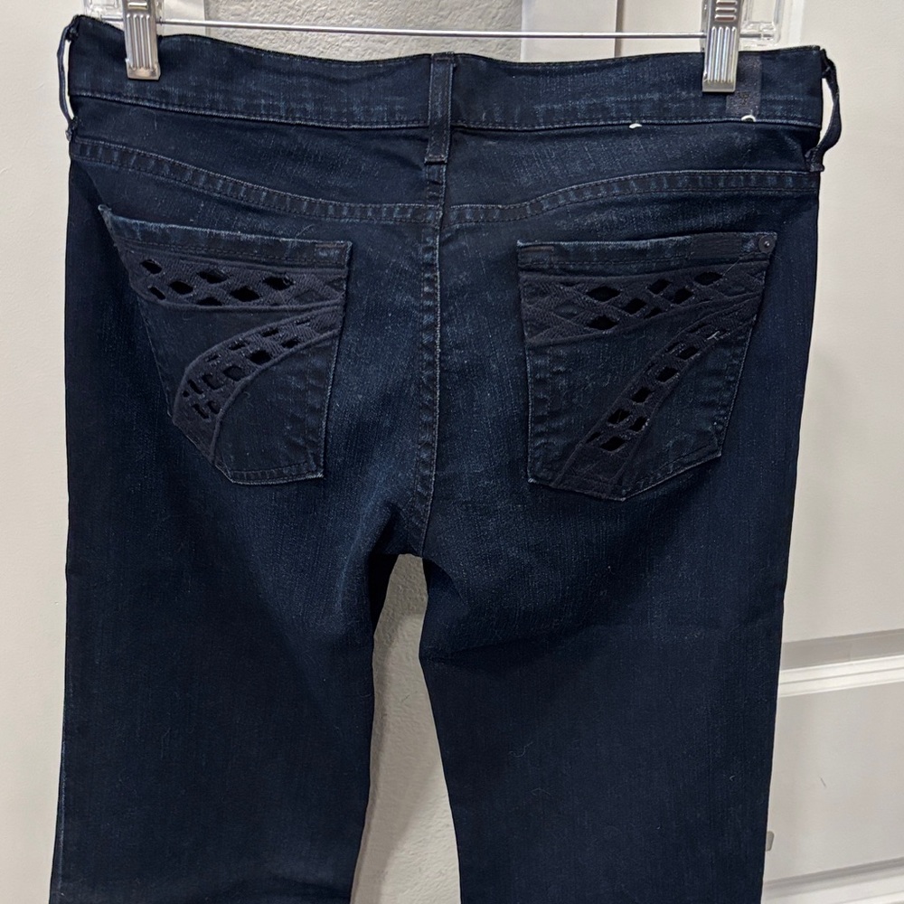 EUC 7 For All Mankind Dark Blue Dojo Flare Jeans with Cutout Pockets